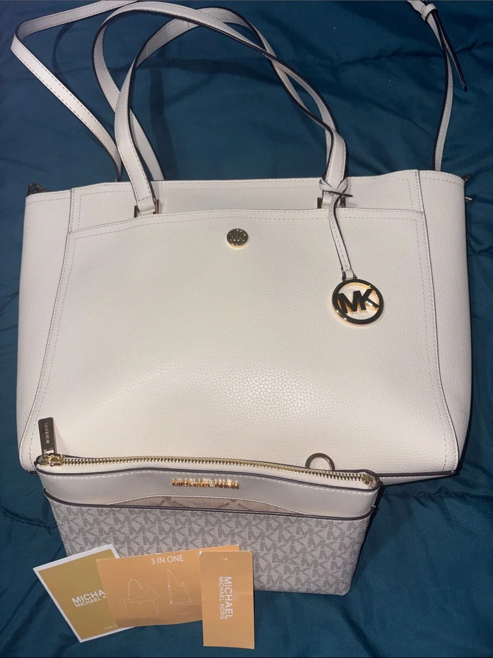 3 in 1 - Michael Kors White Pebbled Leather Tote w/ MK Charm & Unbranded Dusty